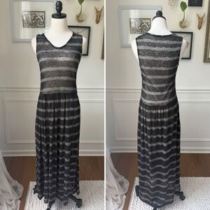 Jarbo 100% Linen Maxi Dress Sheer Black Grey Watercolor Stripe $368 0 S M